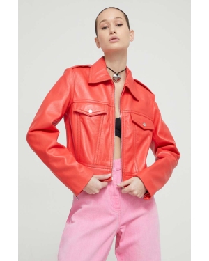 Moschino Jeans kurtka skórzana damska kolor czerwony przejściowa