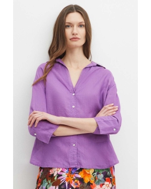 Medicine koszula lniana damska kolor fioletowy relaxed z kołnierzykiem klasycznym